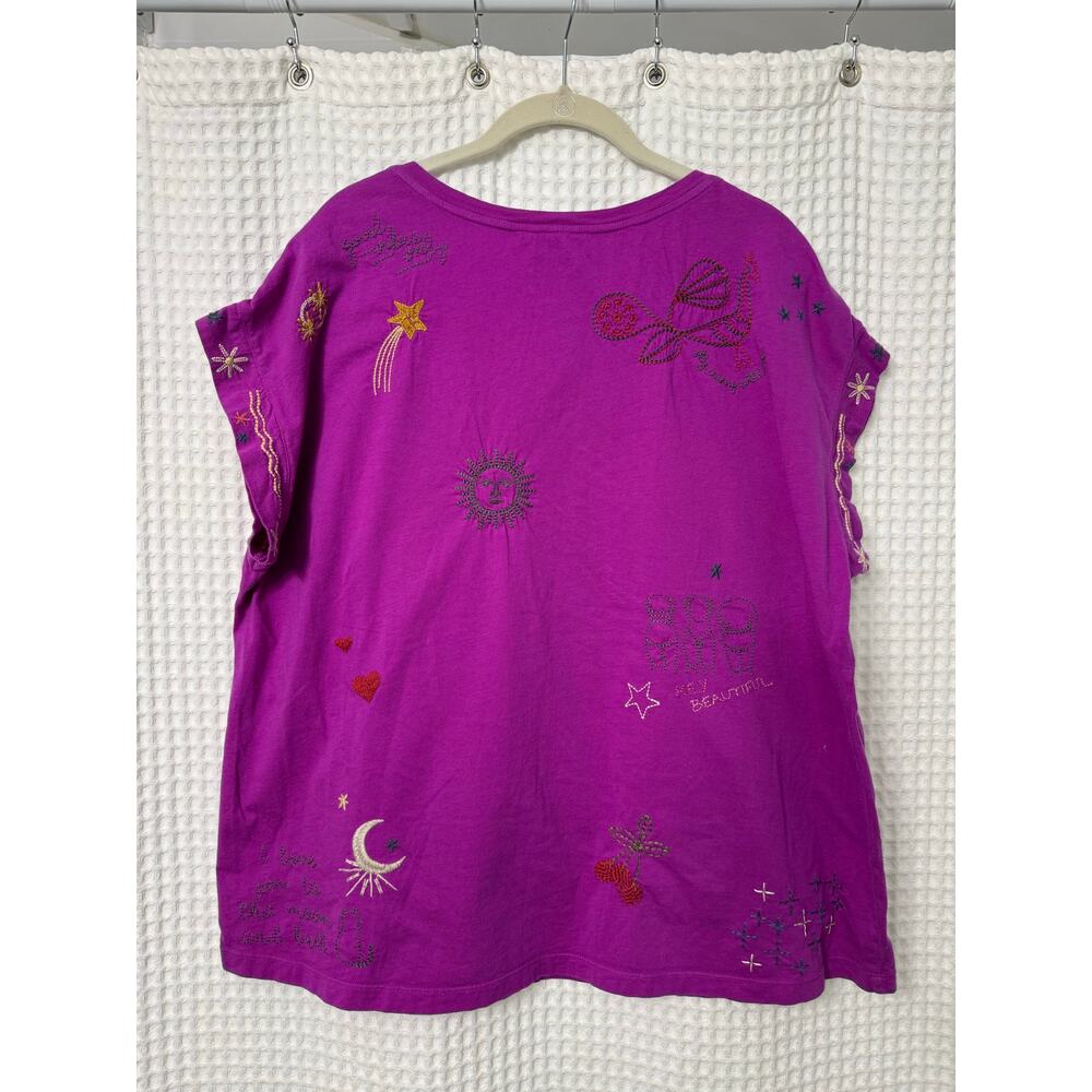Johnny Was Kai Pink Purple Embroidered Short Sleeve Relaxed Tee Top Sz XL - Picture 6 of 9